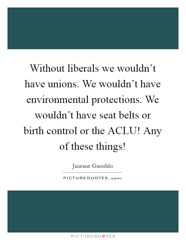 Without liberals we wouldn't have unions. We wouldn't have environmental protections. We wouldn't have seat belts or birth control or the ACLU! Any of these things! Picture Quote #1