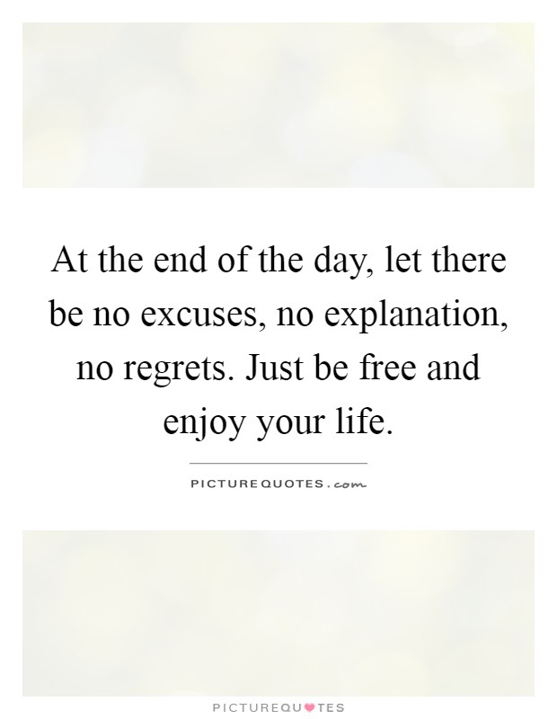 At the end of the day, let there be no excuses, no explanation, no regrets. Just be free and enjoy your life Picture Quote #1