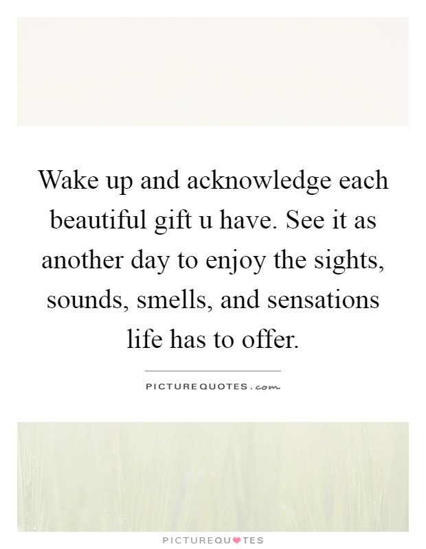 Wake up and acknowledge each beautiful gift u have. See it as another day to enjoy the sights, sounds, smells, and sensations life has to offer Picture Quote #1