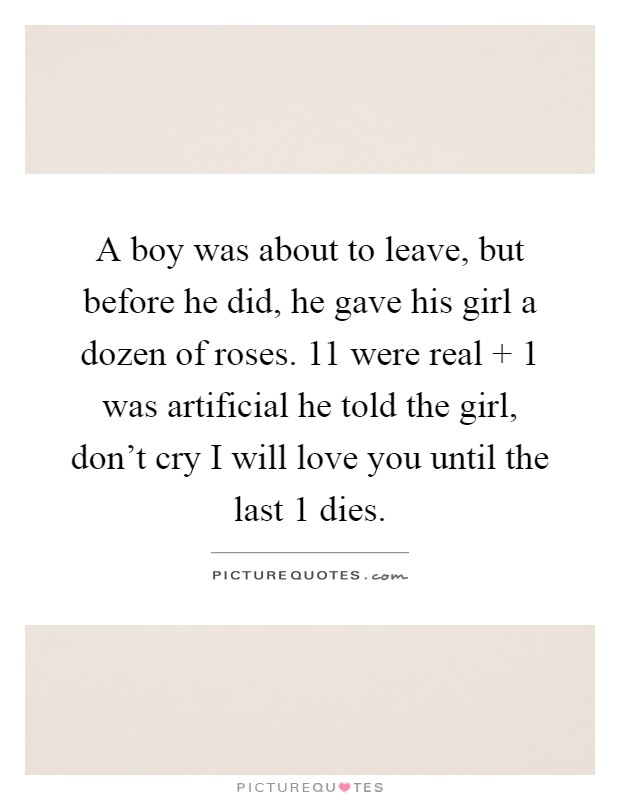 A boy was about to leave, but before he did, he gave his girl a dozen of roses. 11 were real   1 was artificial he told the girl, don't cry I will love you until the last 1 dies Picture Quote #1