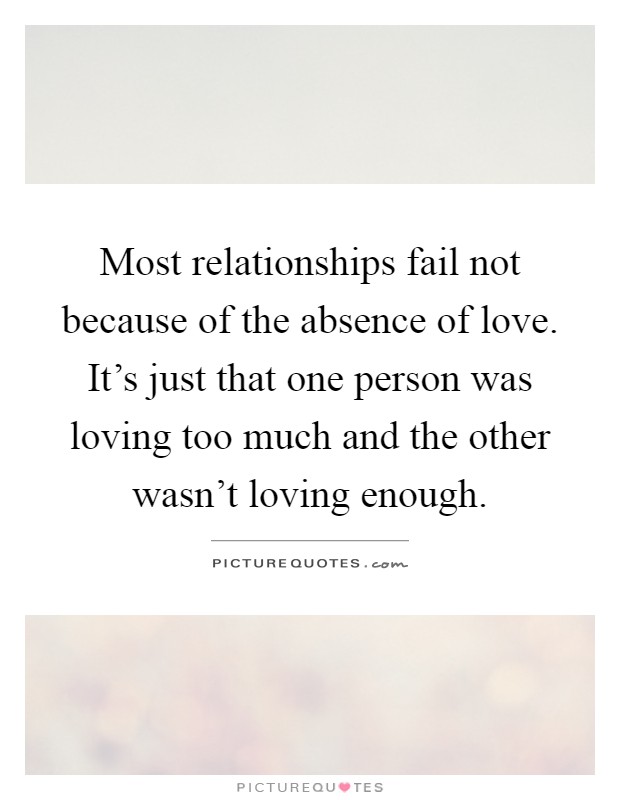 Most relationships fail not because of the absence of love. It's just that one person was loving too much and the other wasn't loving enough Picture Quote #1