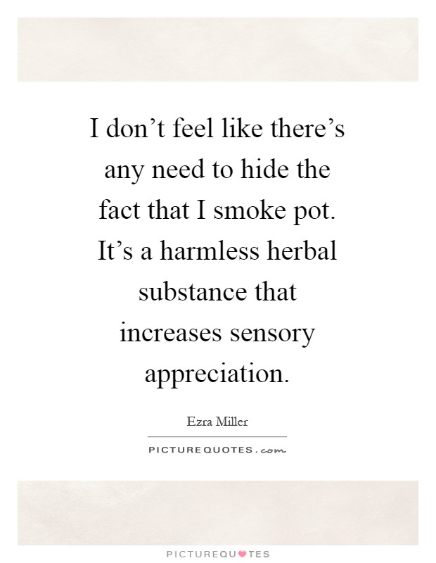 I don't feel like there's any need to hide the fact that I smoke pot. It's a harmless herbal substance that increases sensory appreciation Picture Quote #1