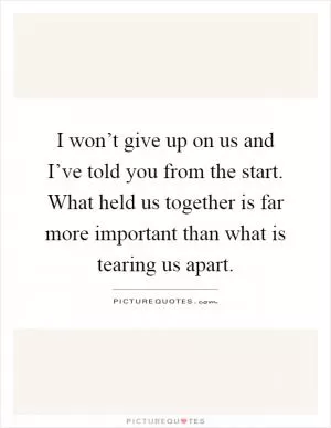 I won’t give up on us and I’ve told you from the start. What held us together is far more important than what is tearing us apart Picture Quote #1