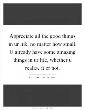 Appreciate all the good things in ur life, no matter how small. U already have some amazing things in ur life, whether u realize it or not Picture Quote #1