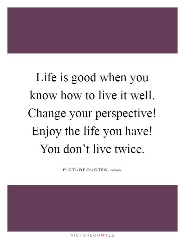 Life is good when you know how to live it well. Change your perspective! Enjoy the life you have! You don't live twice Picture Quote #1