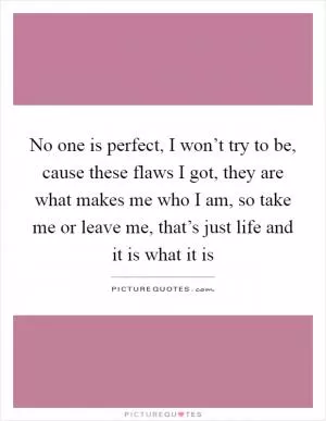 No one is perfect, I won’t try to be, cause these flaws I got, they are what makes me who I am, so take me or leave me, that’s just life and it is what it is Picture Quote #1