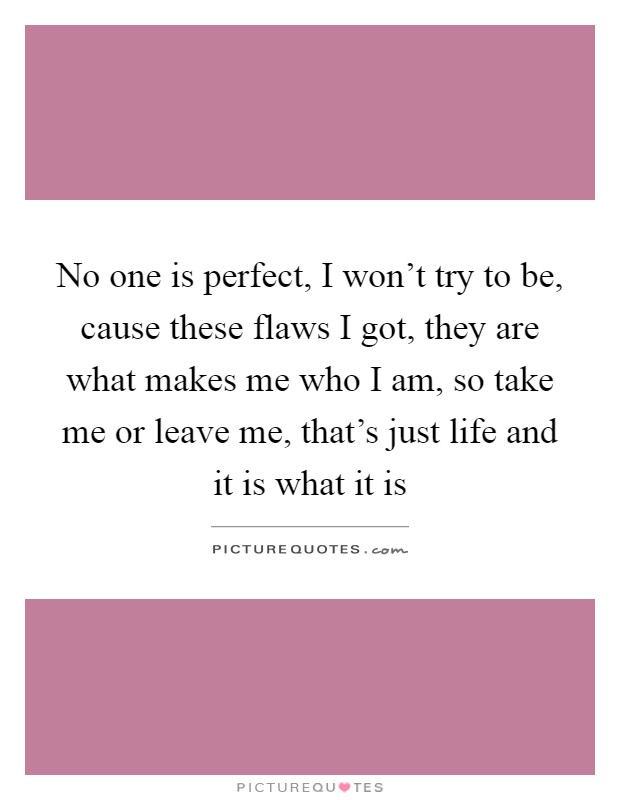 No one is perfect, I won't try to be, cause these flaws I got, they are what makes me who I am, so take me or leave me, that's just life and it is what it is Picture Quote #1