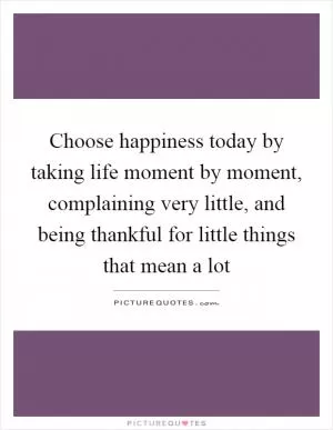 Choose happiness today by taking life moment by moment, complaining very little, and being thankful for little things that mean a lot Picture Quote #1
