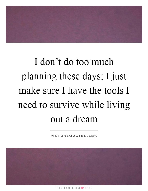 I don't do too much planning these days; I just make sure I have the tools I need to survive while living out a dream Picture Quote #1