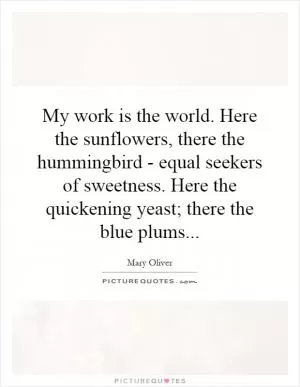 My work is the world. Here the sunflowers, there the hummingbird - equal seekers of sweetness. Here the quickening yeast; there the blue plums Picture Quote #1