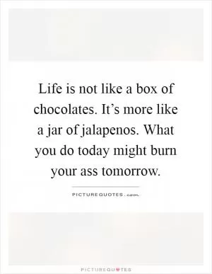 Life is not like a box of chocolates. It’s more like a jar of jalapenos. What you do today might burn your ass tomorrow Picture Quote #1