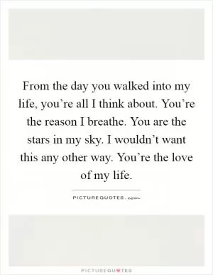 From the day you walked into my life, you’re all I think about. You’re the reason I breathe. You are the stars in my sky. I wouldn’t want this any other way. You’re the love of my life Picture Quote #1