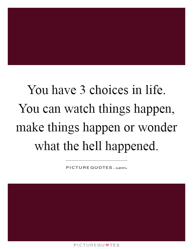 You have 3 choices in life. You can watch things happen, make things happen or wonder what the hell happened Picture Quote #1