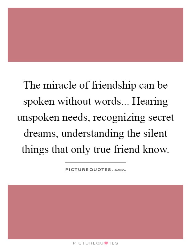 The miracle of friendship can be spoken without words... Hearing unspoken needs, recognizing secret dreams, understanding the silent things that only true friend know Picture Quote #1