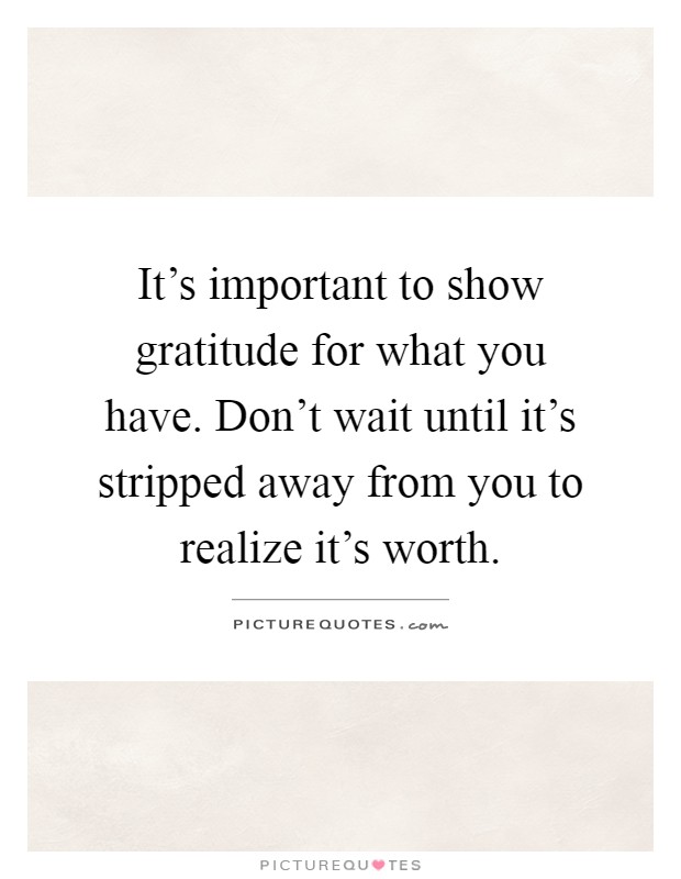 It's important to show gratitude for what you have. Don't wait until it's stripped away from you to realize it's worth Picture Quote #1