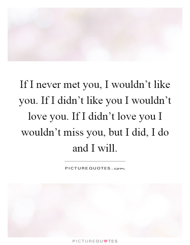 If I never met you, I wouldn't like you. If I didn't like you I wouldn't love you. If I didn't love you I wouldn't miss you, but I did, I do and I will Picture Quote #1