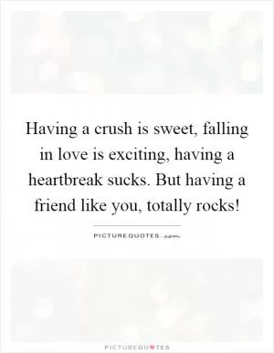 Having a crush is sweet, falling in love is exciting, having a heartbreak sucks. But having a friend like you, totally rocks! Picture Quote #1