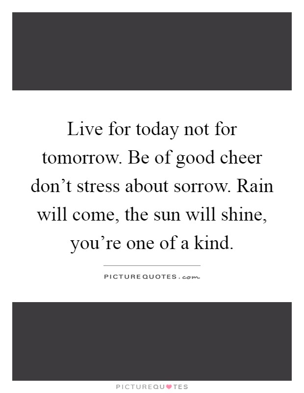 Live for today not for tomorrow. Be of good cheer don't stress about sorrow. Rain will come, the sun will shine, you're one of a kind Picture Quote #1