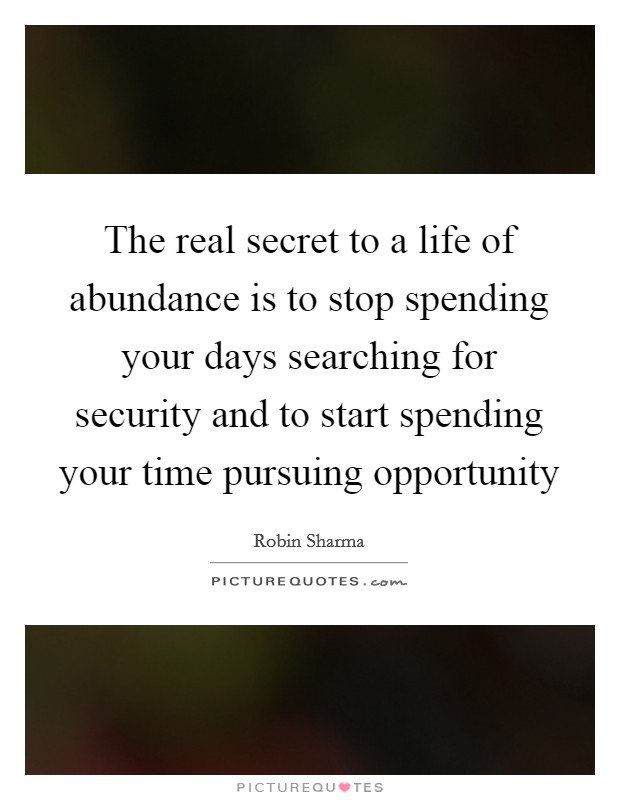 The real secret to a life of abundance is to stop spending your days searching for security and to start spending your time pursuing opportunity Picture Quote #1