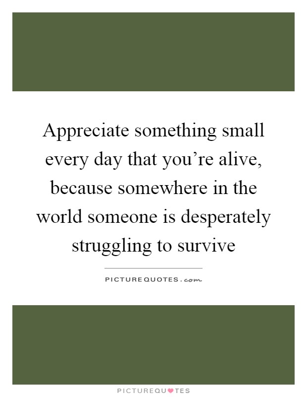 Appreciate something small every day that you're alive, because somewhere in the world someone is desperately struggling to survive Picture Quote #1
