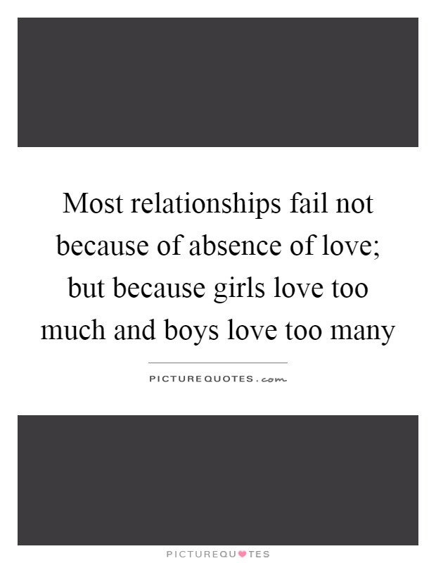 Most relationships fail not because of absence of love; but because girls love too much and boys love too many Picture Quote #1