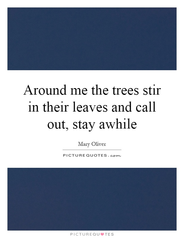 Around me the trees stir in their leaves and call out, stay awhile Picture Quote #1