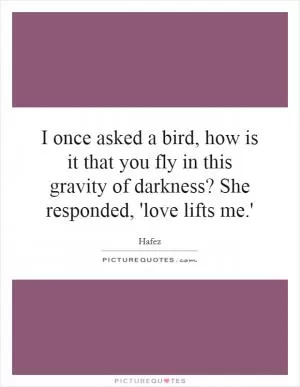 I once asked a bird, how is it that you fly in this gravity of darkness? She responded, 'love lifts me.' Picture Quote #1