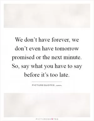 We don’t have forever, we don’t even have tomorrow promised or the next minute. So, say what you have to say before it’s too late Picture Quote #1