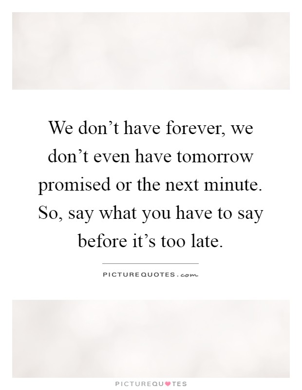 We don't have forever, we don't even have tomorrow promised or the next minute. So, say what you have to say before it's too late Picture Quote #1