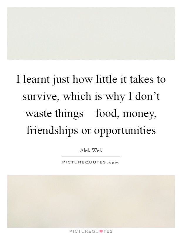 I learnt just how little it takes to survive, which is why I don't waste things – food, money, friendships or opportunities Picture Quote #1