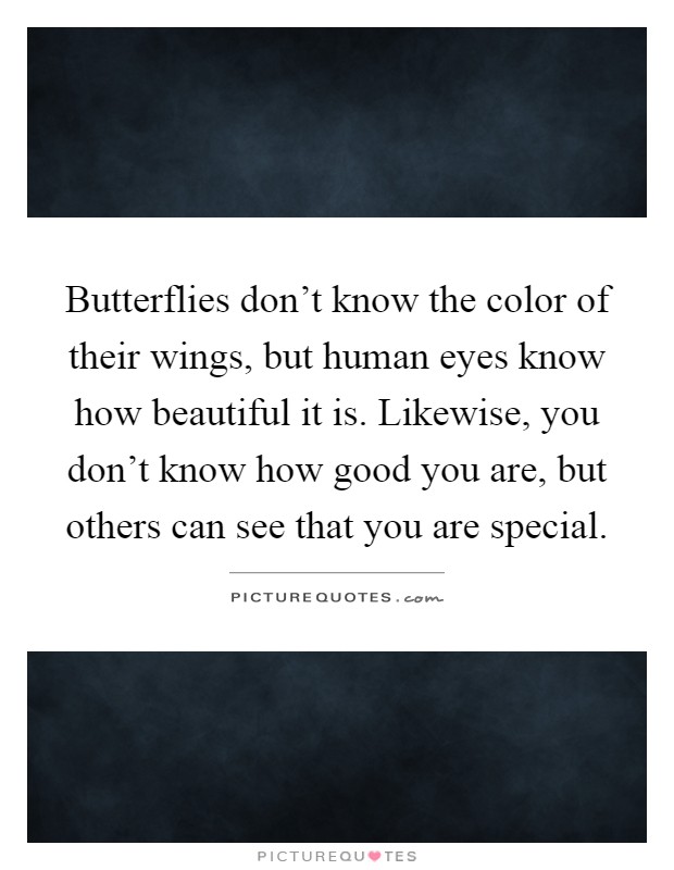 Butterflies don't know the color of their wings, but human eyes know how beautiful it is. Likewise, you don't know how good you are, but others can see that you are special Picture Quote #1