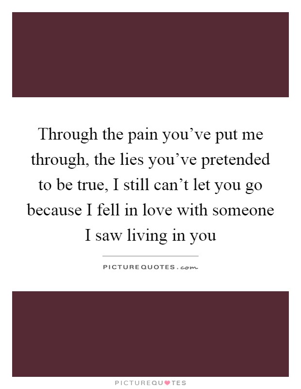 Through the pain you've put me through, the lies you've pretended to be true, I still can't let you go because I fell in love with someone I saw living in you Picture Quote #1