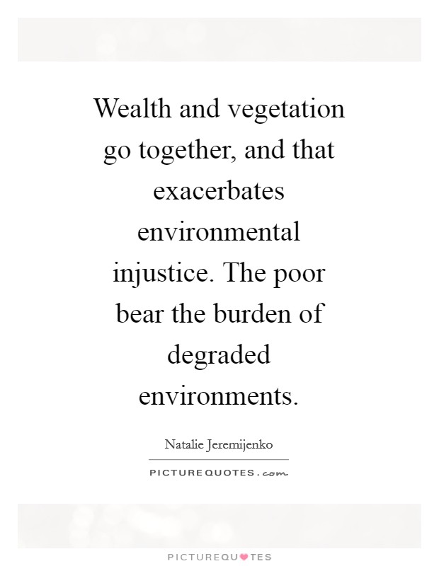 Wealth and vegetation go together, and that exacerbates environmental injustice. The poor bear the burden of degraded environments Picture Quote #1