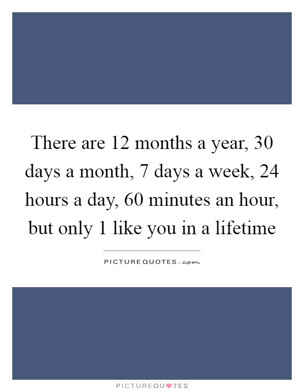 There are 12 months a year, 30 days a month, 7 days a week, 24 hours a day, 60 minutes an hour, but only 1 like you in a lifetime Picture Quote #1