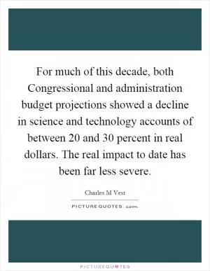 For much of this decade, both Congressional and administration budget projections showed a decline in science and technology accounts of between 20 and 30 percent in real dollars. The real impact to date has been far less severe Picture Quote #1