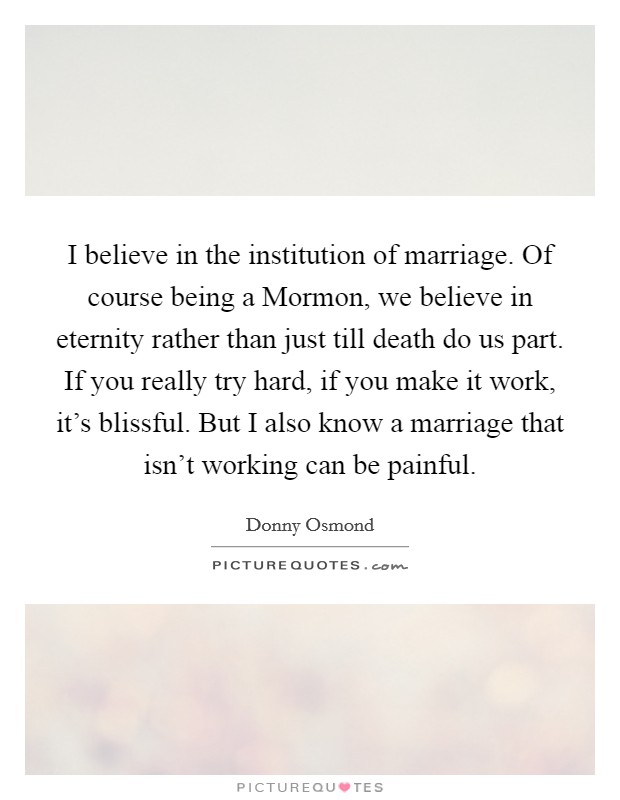 I believe in the institution of marriage. Of course being a Mormon, we believe in eternity rather than just till death do us part. If you really try hard, if you make it work, it's blissful. But I also know a marriage that isn't working can be painful Picture Quote #1