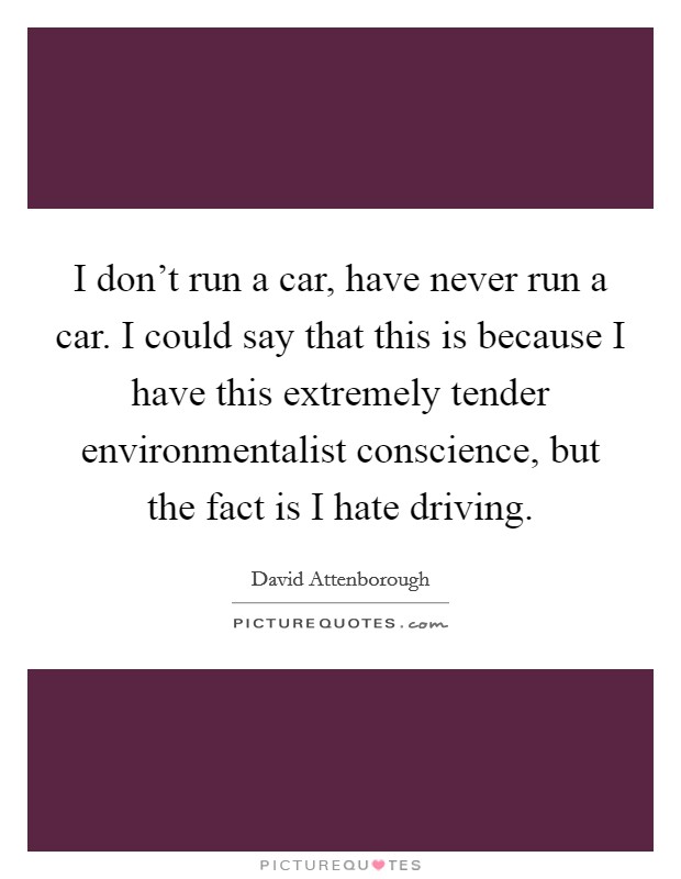 I don't run a car, have never run a car. I could say that this is because I have this extremely tender environmentalist conscience, but the fact is I hate driving Picture Quote #1