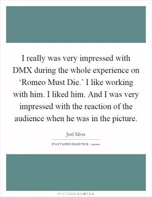 I really was very impressed with DMX during the whole experience on ‘Romeo Must Die.’ I like working with him. I liked him. And I was very impressed with the reaction of the audience when he was in the picture Picture Quote #1