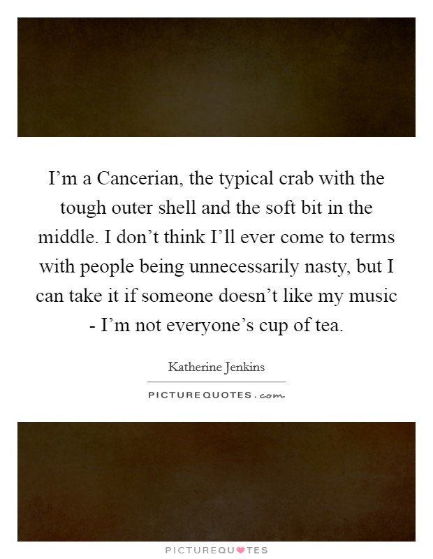 I'm a Cancerian, the typical crab with the tough outer shell and the soft bit in the middle. I don't think I'll ever come to terms with people being unnecessarily nasty, but I can take it if someone doesn't like my music - I'm not everyone's cup of tea Picture Quote #1