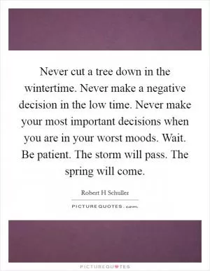 Never cut a tree down in the wintertime. Never make a negative decision in the low time. Never make your most important decisions when you are in your worst moods. Wait. Be patient. The storm will pass. The spring will come Picture Quote #1
