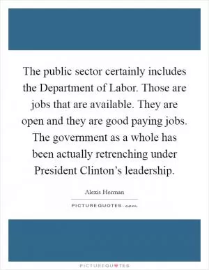 The public sector certainly includes the Department of Labor. Those are jobs that are available. They are open and they are good paying jobs. The government as a whole has been actually retrenching under President Clinton’s leadership Picture Quote #1