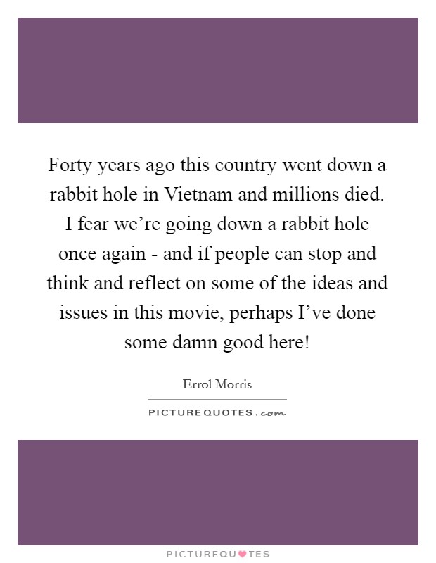 Forty years ago this country went down a rabbit hole in Vietnam and millions died. I fear we're going down a rabbit hole once again - and if people can stop and think and reflect on some of the ideas and issues in this movie, perhaps I've done some damn good here! Picture Quote #1