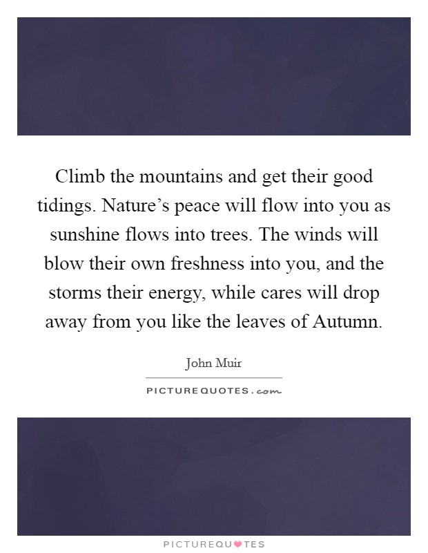 Climb the mountains and get their good tidings. Nature's peace will flow into you as sunshine flows into trees. The winds will blow their own freshness into you, and the storms their energy, while cares will drop away from you like the leaves of Autumn Picture Quote #1