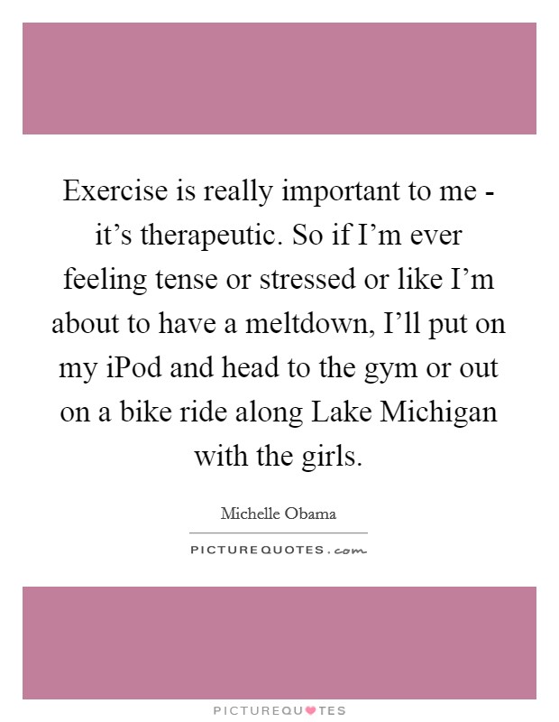 Exercise is really important to me - it's therapeutic. So if I'm ever feeling tense or stressed or like I'm about to have a meltdown, I'll put on my iPod and head to the gym or out on a bike ride along Lake Michigan with the girls Picture Quote #1