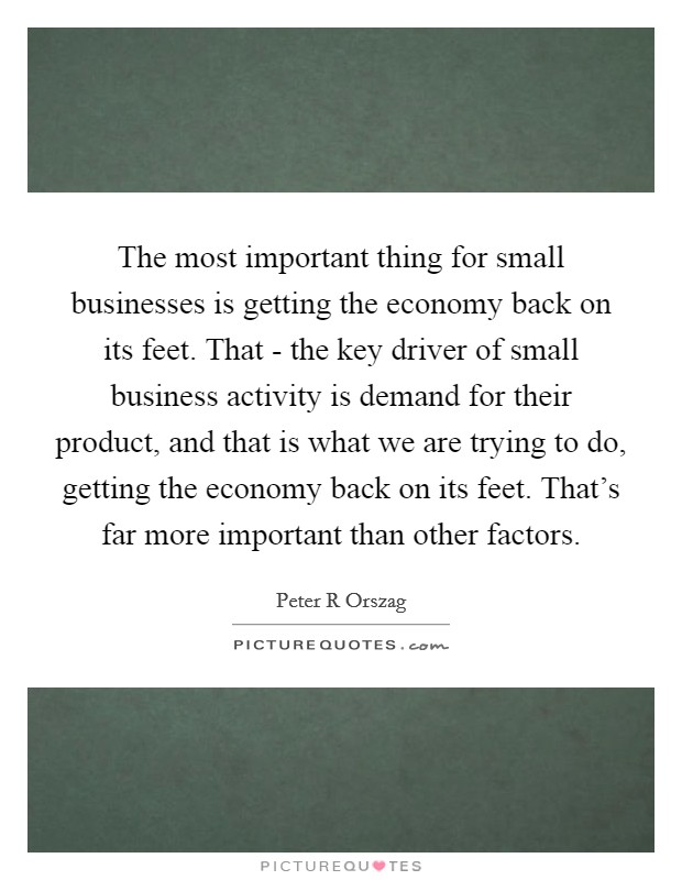 The most important thing for small businesses is getting the economy back on its feet. That - the key driver of small business activity is demand for their product, and that is what we are trying to do, getting the economy back on its feet. That's far more important than other factors Picture Quote #1