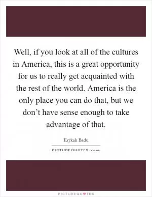 Well, if you look at all of the cultures in America, this is a great opportunity for us to really get acquainted with the rest of the world. America is the only place you can do that, but we don’t have sense enough to take advantage of that Picture Quote #1