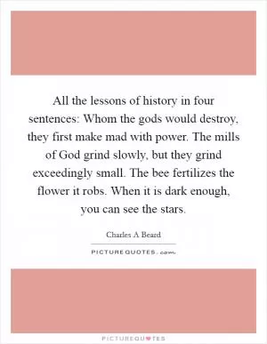 All the lessons of history in four sentences: Whom the gods would destroy, they first make mad with power. The mills of God grind slowly, but they grind exceedingly small. The bee fertilizes the flower it robs. When it is dark enough, you can see the stars Picture Quote #1