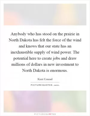 Anybody who has stood on the prairie in North Dakota has felt the force of the wind and knows that our state has an inexhaustible supply of wind power. The potential here to create jobs and draw millions of dollars in new investment to North Dakota is enormous Picture Quote #1