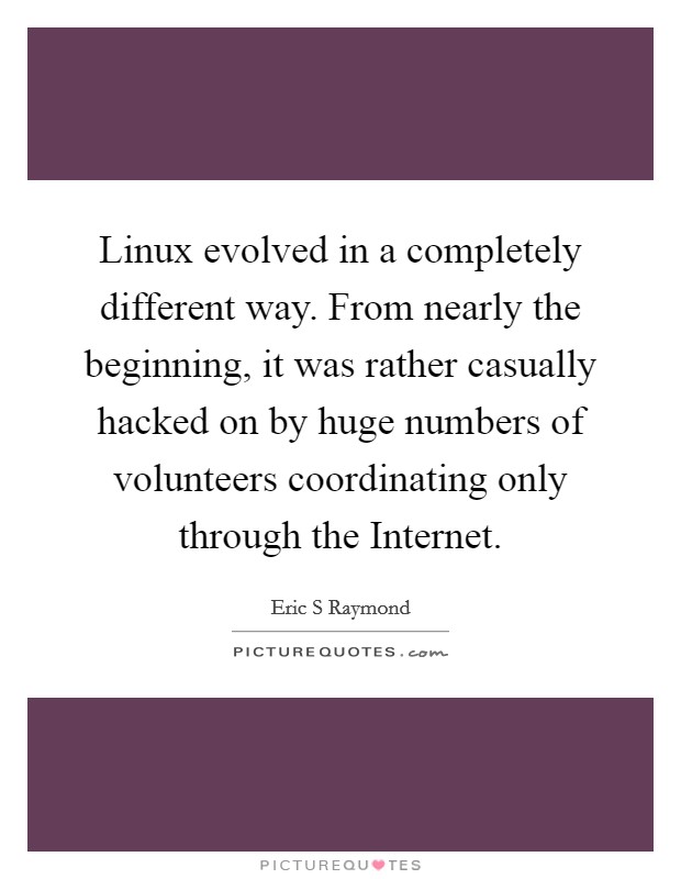 Linux evolved in a completely different way. From nearly the beginning, it was rather casually hacked on by huge numbers of volunteers coordinating only through the Internet Picture Quote #1