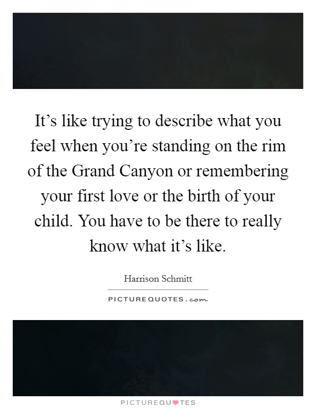 It's like trying to describe what you feel when you're standing on the rim of the Grand Canyon or remembering your first love or the birth of your child. You have to be there to really know what it's like Picture Quote #1